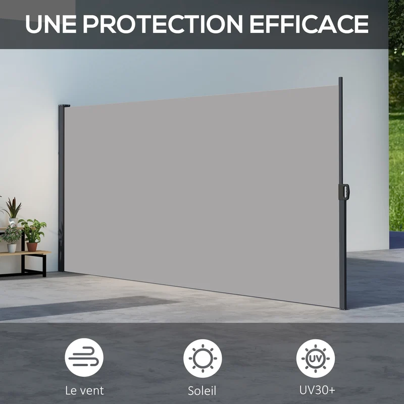 Store latéral rétractable brise-vue extérieur 400 x 180 cm occultant anti uv vent design stable en polyester gris clair 21_0003879