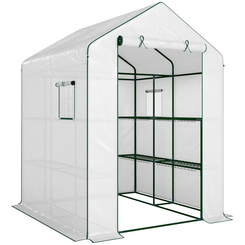 Serre de jardin 140 x 143 x 190 cm avec étagères porte enroulable ventilée style moderne épuré en polyéthylène blanc 21_0004339