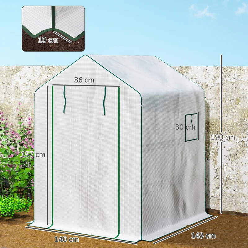 Serre de jardin 140 x 143 x 190 cm avec étagères porte enroulable ventilée style moderne épuré en polyéthylène blanc 21_0004339