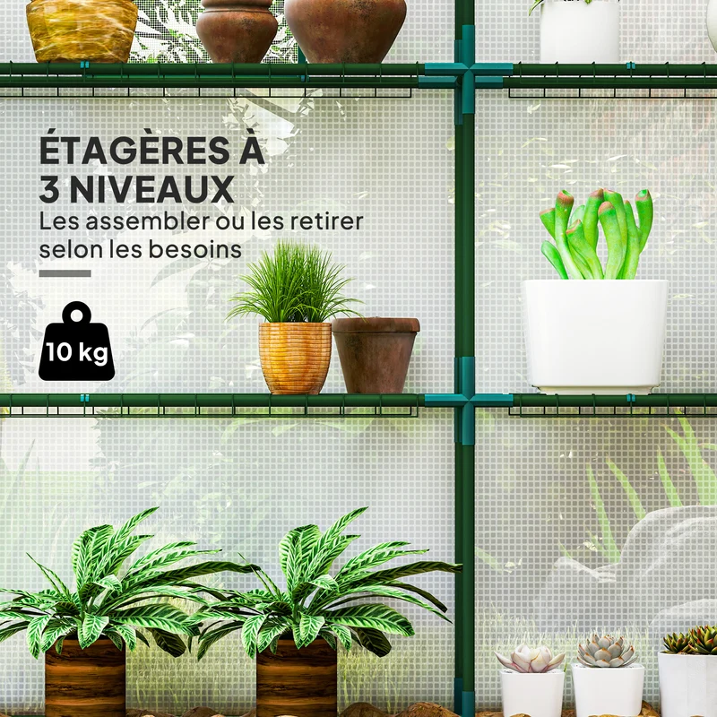 Serre de jardin 140 x 143 x 190 cm avec étagères porte enroulable ventilée style moderne épuré en polyéthylène blanc 21_0004339