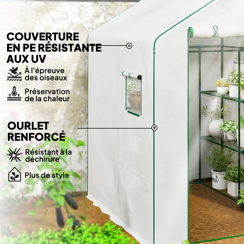 Serre de jardin 140 x 143 x 190 cm avec étagères porte enroulable ventilée style moderne épuré en polyéthylène blanc 21_0004339
