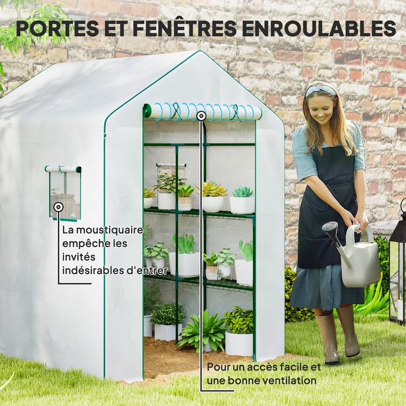 Serre de jardin 140 x 143 x 190 cm avec étagères porte enroulable ventilée style moderne épuré en polyéthylène blanc 21_0004339