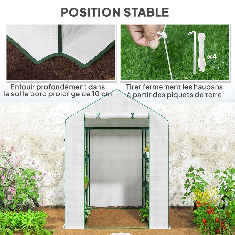 Serre de jardin 140 x 143 x 190 cm avec étagères porte enroulable ventilée style moderne épuré en polyéthylène blanc 21_0004339