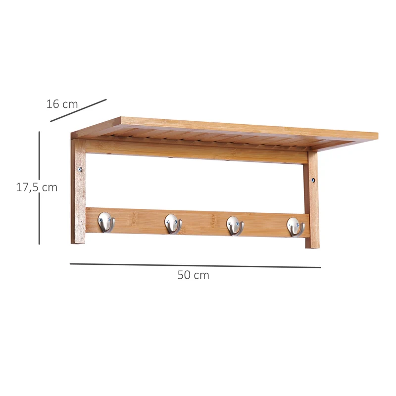 Porte-manteau mural étagère 50 x 17 x 20 cm gain de place 4 patères scandinave entrée salle de bain en bambou naturel 21_0001429