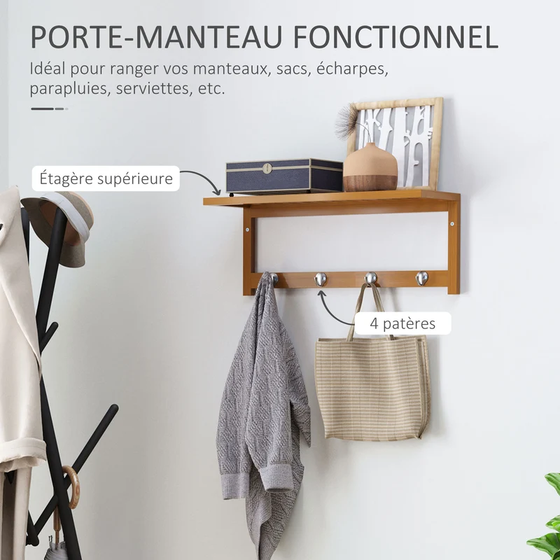 Porte-manteau mural étagère 50 x 17 x 20 cm gain de place 4 patères scandinave entrée salle de bain en bambou naturel 21_0001429
