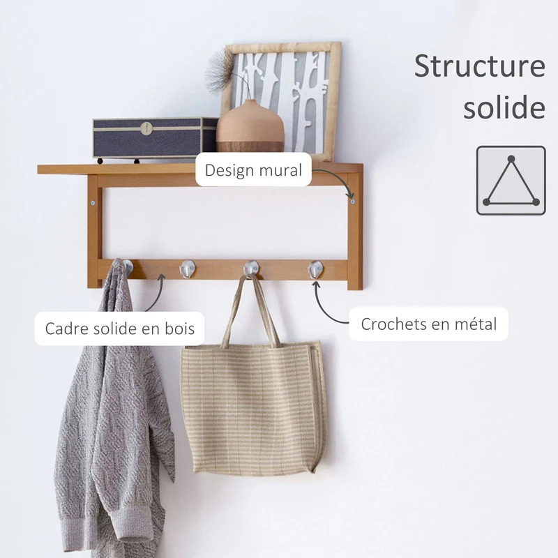 Porte-manteau mural étagère 50 x 17 x 20 cm gain de place 4 patères scandinave entrée salle de bain en bambou naturel 21_0001429
