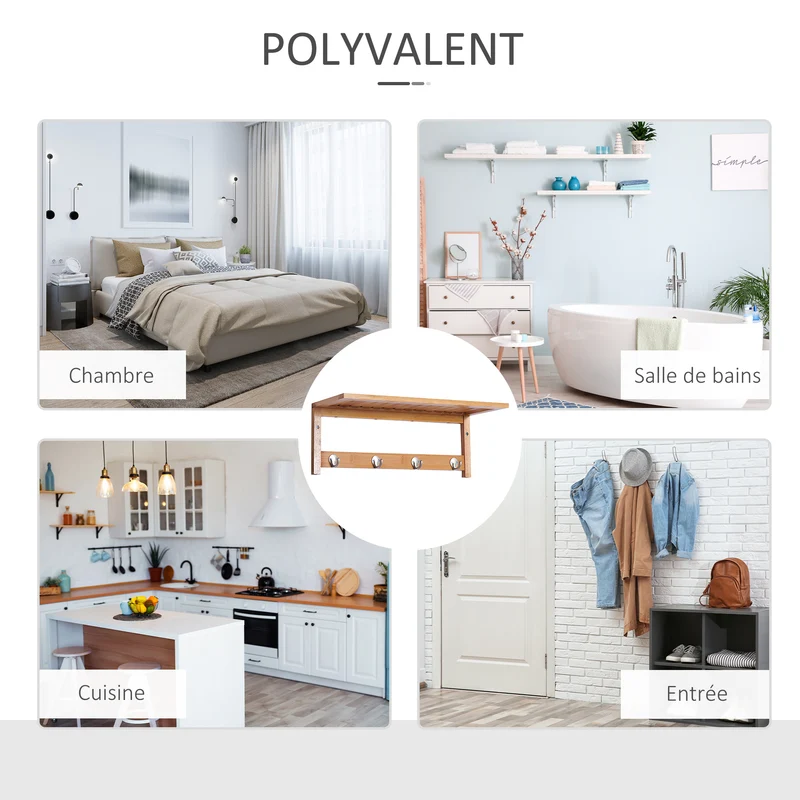 Porte-manteau mural étagère 50 x 17 x 20 cm gain de place 4 patères scandinave entrée salle de bain en bambou naturel 21_0001429