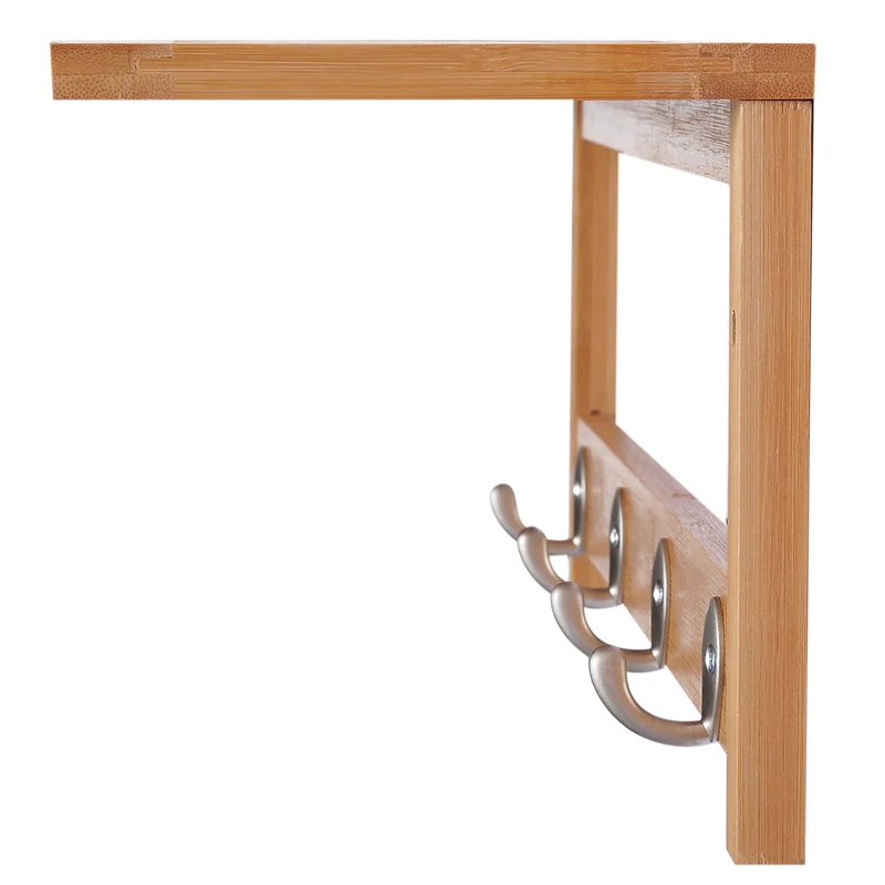 Porte-manteau mural étagère 50 x 17 x 20 cm gain de place 4 patères scandinave entrée salle de bain en bambou naturel 21_0001429