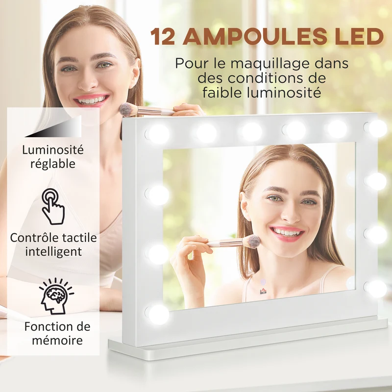 Miroir maquillage sur pied lumineux 80 x 60 x 20 cm tactile intensité réglable fonction mémoire moderne en MDF blanc 21_0001510