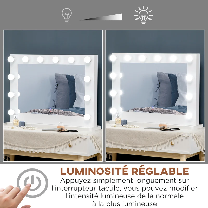 Miroir maquillage sur pied lumineux 80 x 60 x 20 cm tactile intensité réglable fonction mémoire moderne en MDF blanc 21_0001510