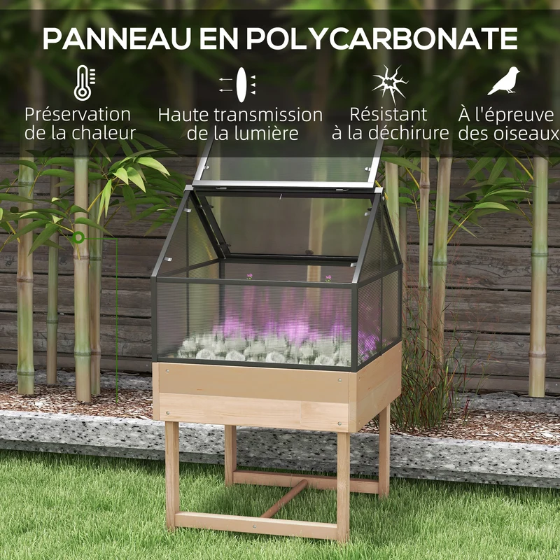 Mini serre potager sur pieds 60 x 57 x 103 cm toit ouvrable ajustable ventilation optimale scandinave en bois naturel 21_0005410