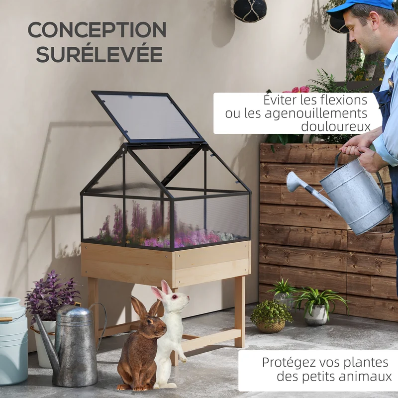 Mini serre potager sur pieds 60 x 57 x 103 cm toit ouvrable ajustable ventilation optimale scandinave en bois naturel 21_0005410