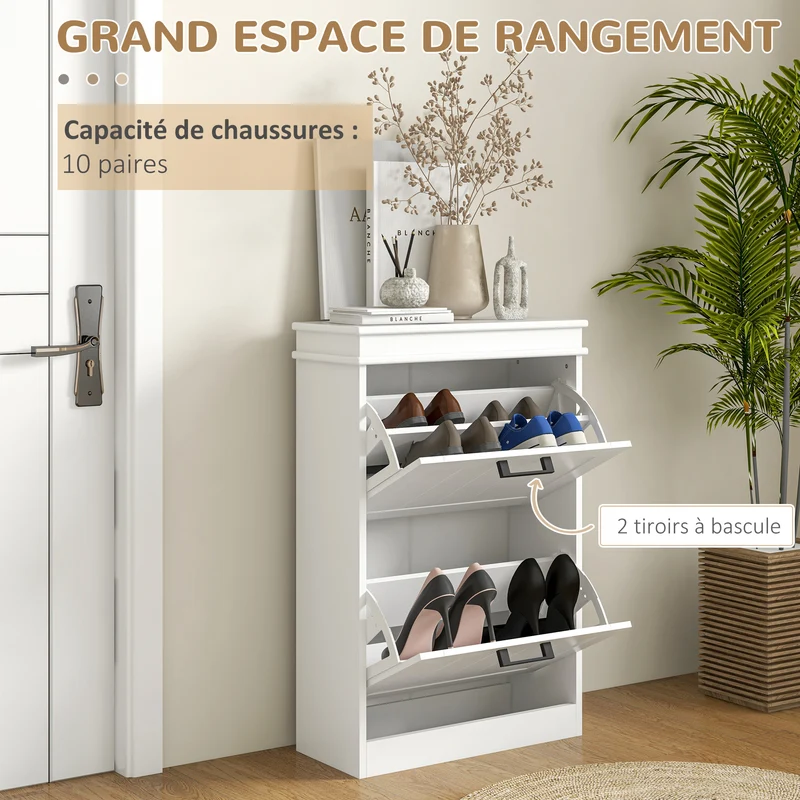 Meuble à chaussures d'entrée 54 x 24 x 82,5 cm gain de place étagères réglables anti-basculement moderne en MDF blanc 21_0002688