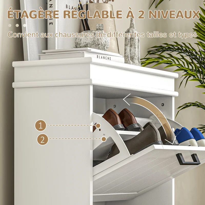 Meuble à chaussures d'entrée 54 x 24 x 82,5 cm gain de place étagères réglables anti-basculement moderne en MDF blanc 21_0002688
