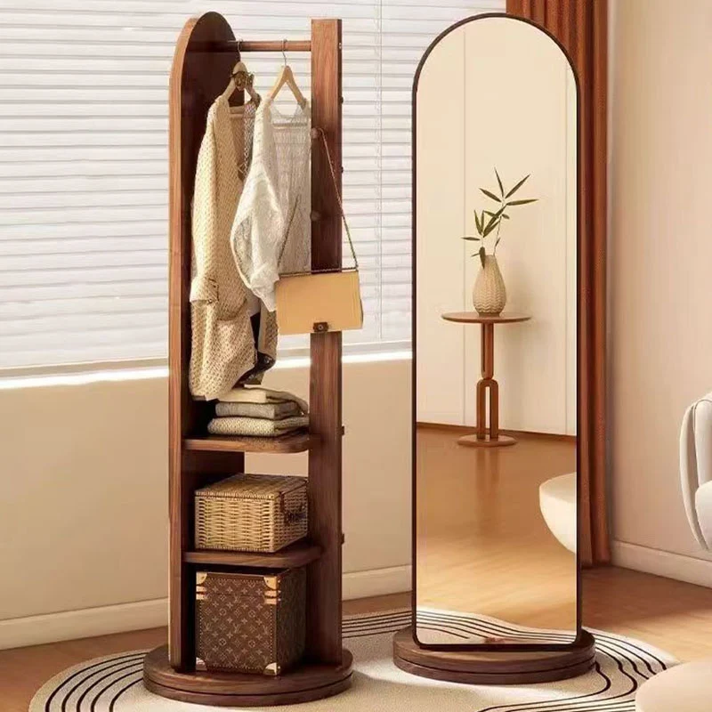 Modern Minimalist MDF Round Oval Swivel Full-Length Floor Mirror 3-Tier Storage & Clothes Hanger For Bedroom & Living Room