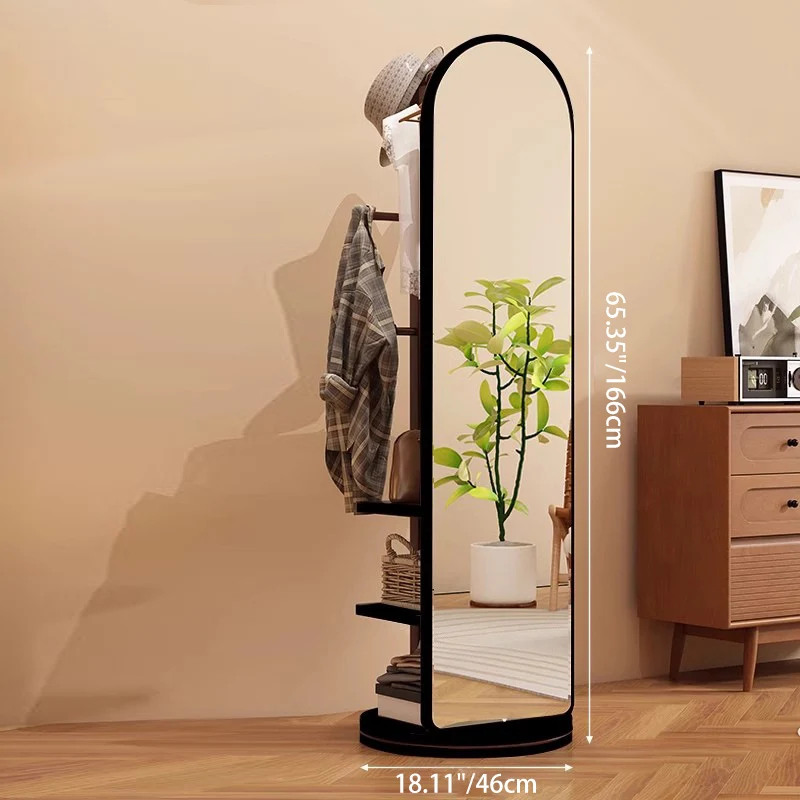 Modern Minimalist MDF Round Oval Swivel Full-Length Floor Mirror 3-Tier Storage & Clothes Hanger For Bedroom & Living Room