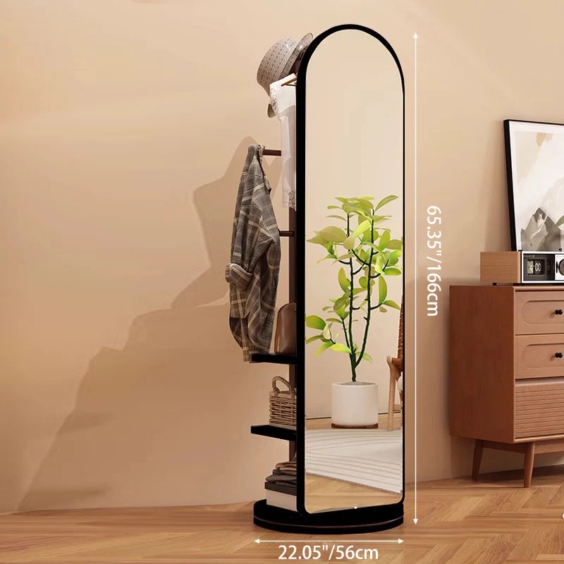 Modern Minimalist MDF Round Oval Swivel Full-Length Floor Mirror 3-Tier Storage & Clothes Hanger For Bedroom & Living Room