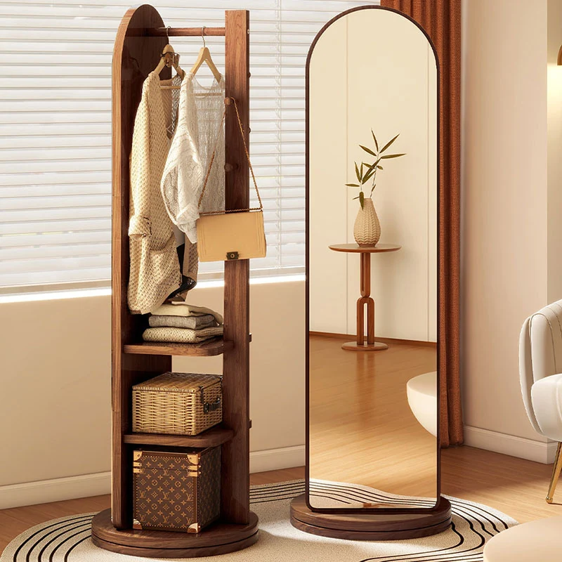 Modern Minimalist MDF Round Oval Swivel Full-Length Floor Mirror 3-Tier Storage & Clothes Hanger For Bedroom & Living Room