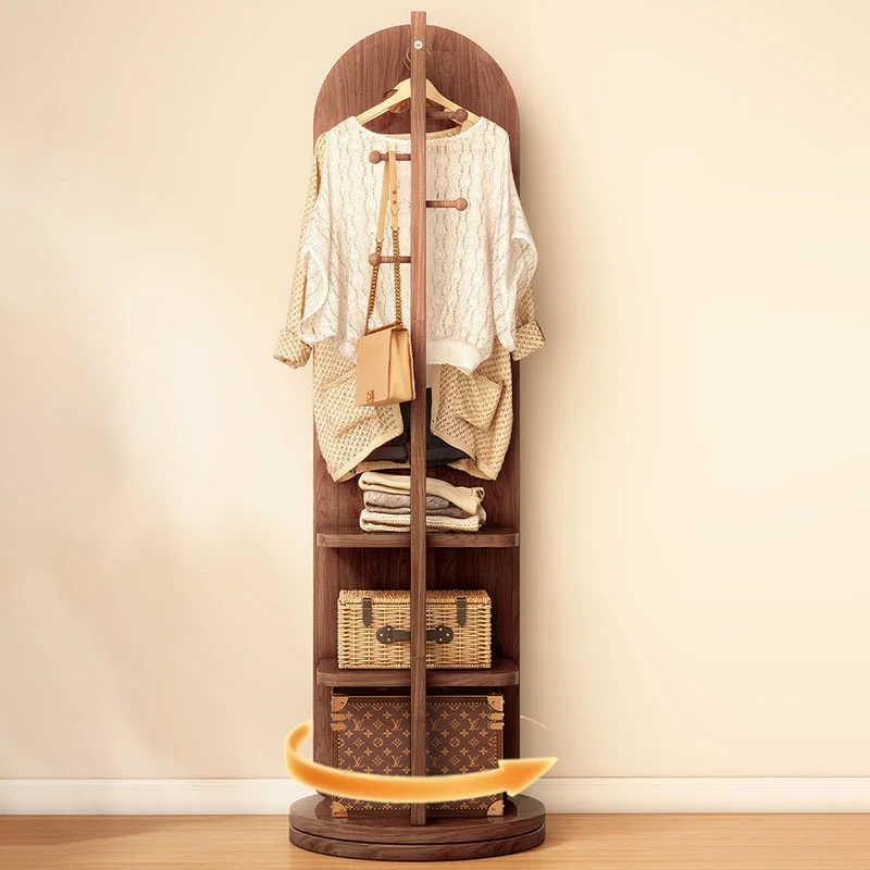 Modern Minimalist MDF Round Oval Swivel Full-Length Floor Mirror 3-Tier Storage & Clothes Hanger For Bedroom & Living Room