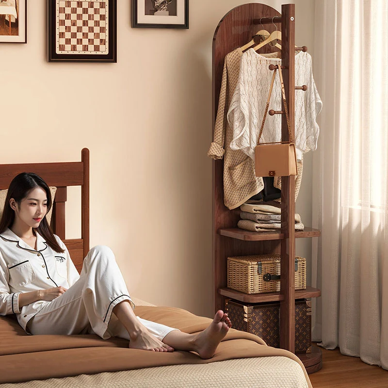 Modern Minimalist MDF Round Oval Swivel Full-Length Floor Mirror 3-Tier Storage & Clothes Hanger For Bedroom & Living Room