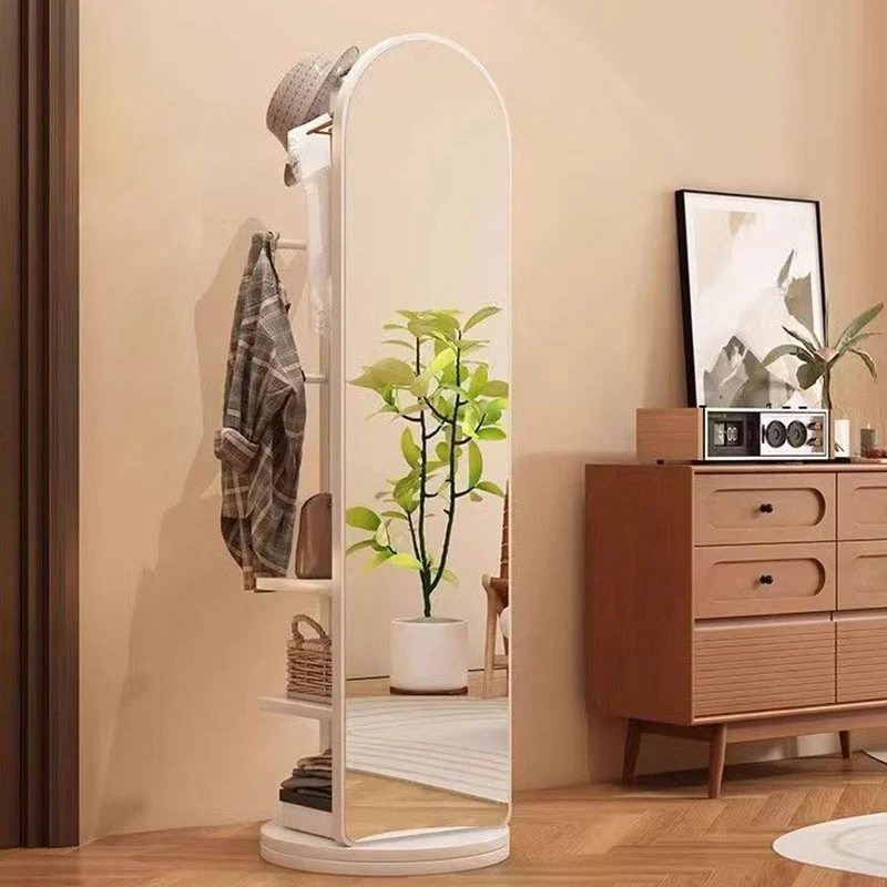 Modern Minimalist MDF Round Oval Swivel Full-Length Floor Mirror 3-Tier Storage & Clothes Hanger For Bedroom & Living Room