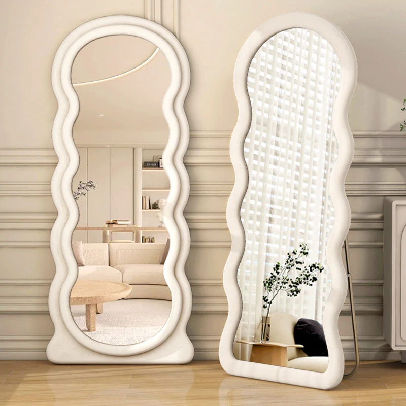 Modern Minimalist Velvet MDF Wave-Shaped Full-Length Floor Mirror With Triangular Support Base & Anti-Slip For Bedroom & Living Room