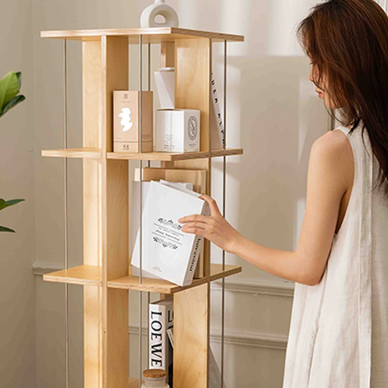 Modern Minimalist Rounded Edges Birch Plywood Stainless Steel Rotating Square Bookshelf With 3/6-Tier Storage Organizer For Living Room & Home Office