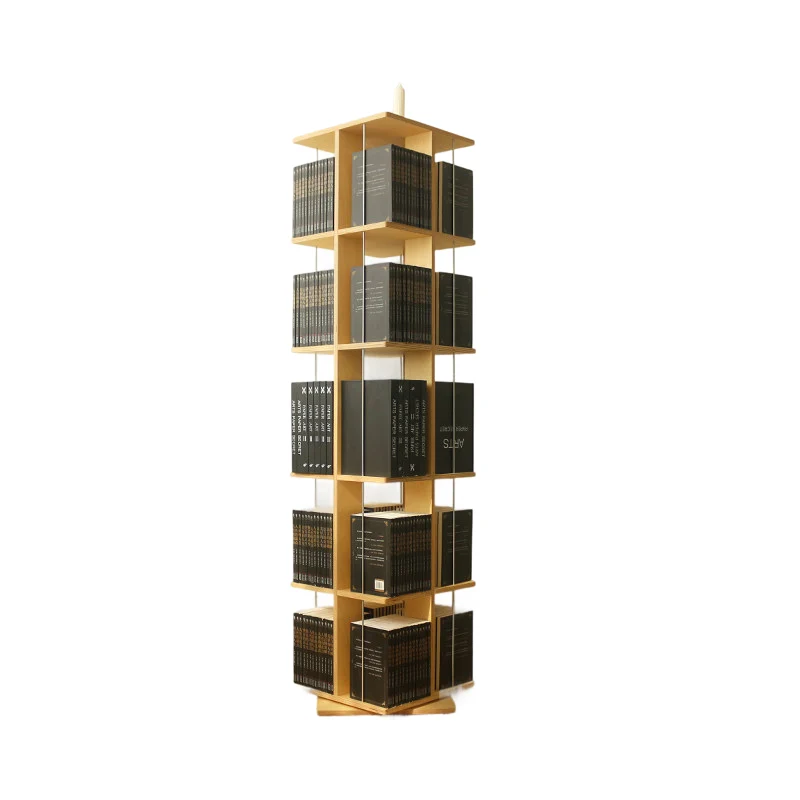 Modern Minimalist Rounded Edges Birch Plywood Stainless Steel Rotating Square Bookshelf With 3/6-Tier Storage Organizer For Living Room & Home Office