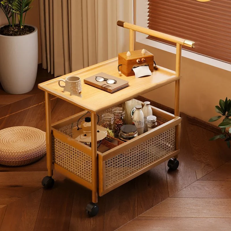 Traditional Chinese Square Rectangular Plastic Rattan Nan Bamboo MDF End Table 2-Tier For Living Room