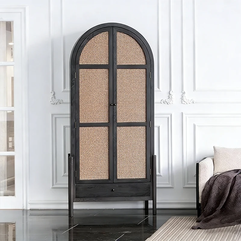 Contemporary Nordic Arch-Shaped Rectangular Solid Red Oak Natural Rattan Storage Cabinet 5-Tier For Living Room