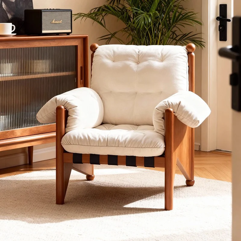 Contemporary Nordic Rectangular Oak Fabric Accent Chair Backrest Armrest For Living Room
