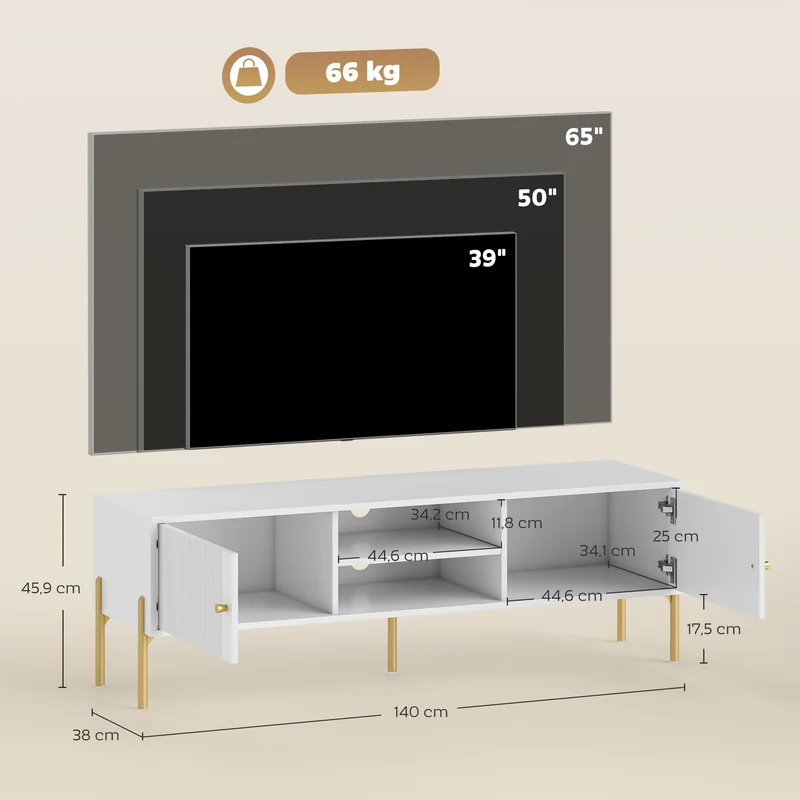 Meuble télé pour écran 65 pouces 140 x 38 x 45,9 cm grands rangements et gestion de câbles design épuré en MDF blanc 21_0003565