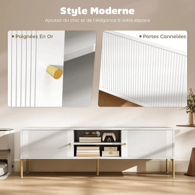 Meuble télé pour écran 65 pouces 140 x 38 x 45,9 cm grands rangements et gestion de câbles design épuré en MDF blanc 21_0003565