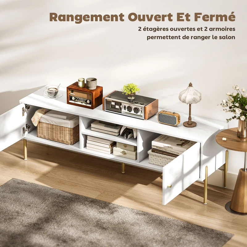 Meuble télé pour écran 65 pouces 140 x 38 x 45,9 cm grands rangements et gestion de câbles design épuré en MDF blanc 21_0003565