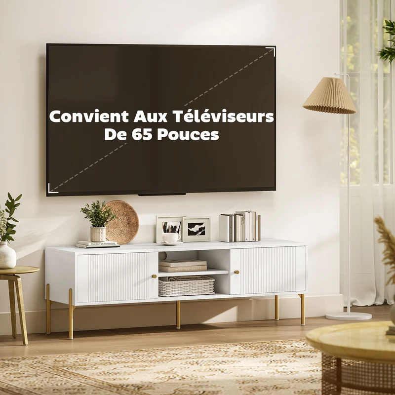 Meuble télé pour écran 65 pouces 140 x 38 x 45,9 cm grands rangements et gestion de câbles design épuré en MDF blanc 21_0003565