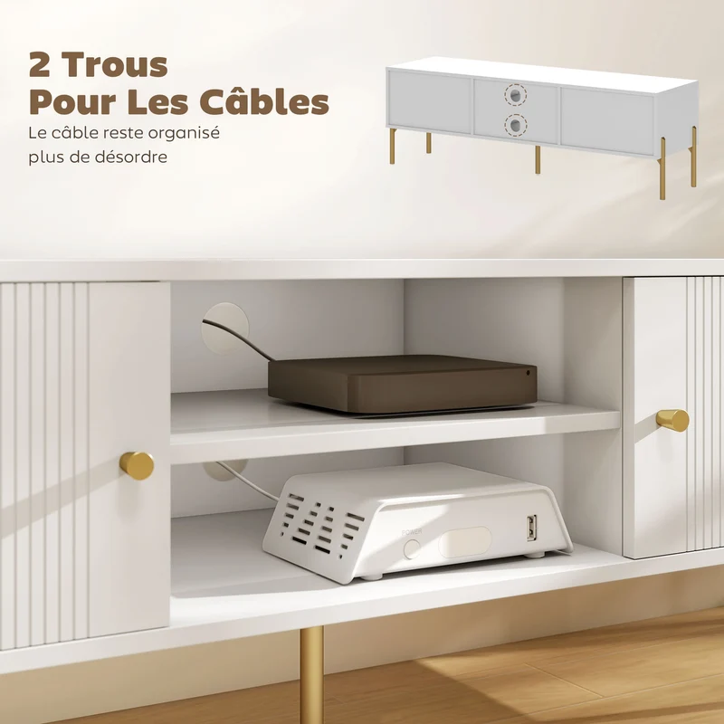 Meuble télé pour écran 65 pouces 140 x 38 x 45,9 cm grands rangements et gestion de câbles design épuré en MDF blanc 21_0003565
