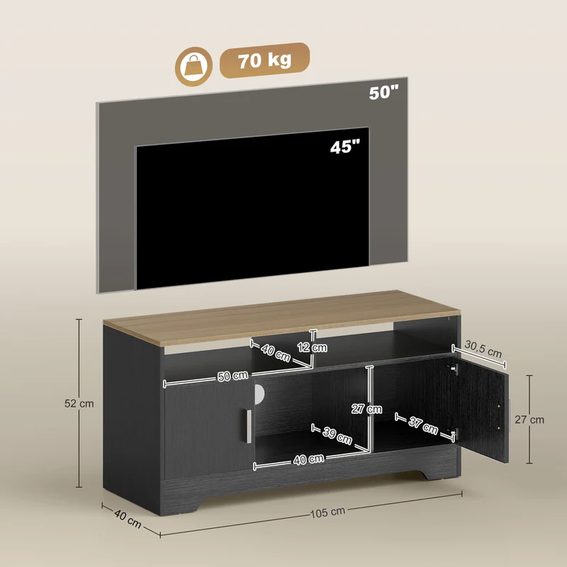 Meuble tv banc tv 105 x 40 x 52 cm grand rangement et passage de câbles moderne épuré en panneau de particules noir 21_0001788