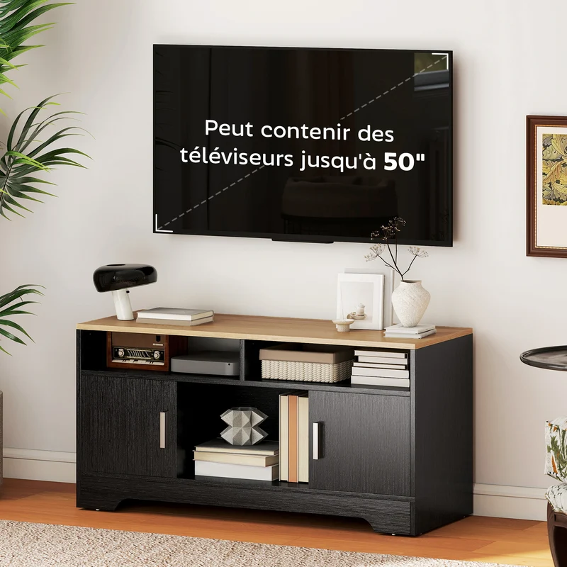 Meuble tv banc tv 105 x 40 x 52 cm grand rangement et passage de câbles moderne épuré en panneau de particules noir 21_0001788