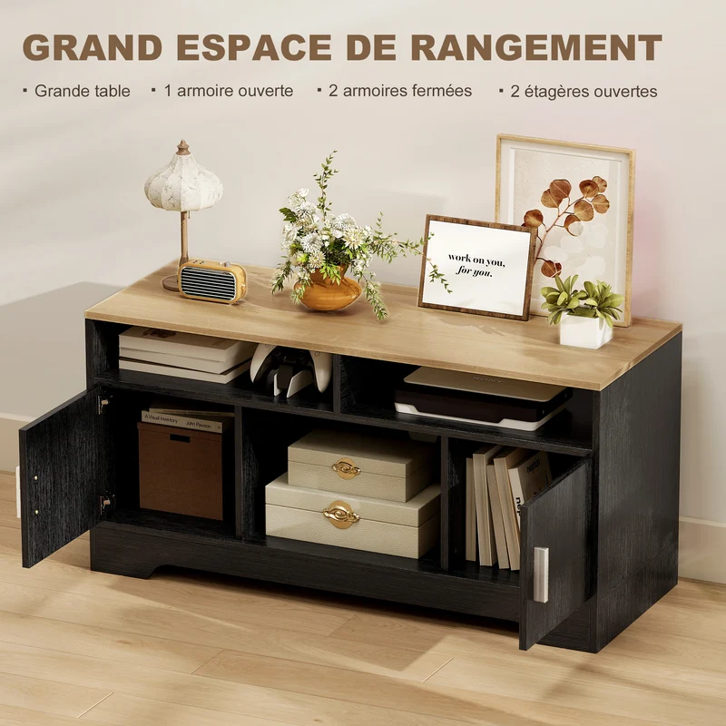 Meuble tv banc tv 105 x 40 x 52 cm grand rangement et passage de câbles moderne épuré en panneau de particules noir 21_0001788