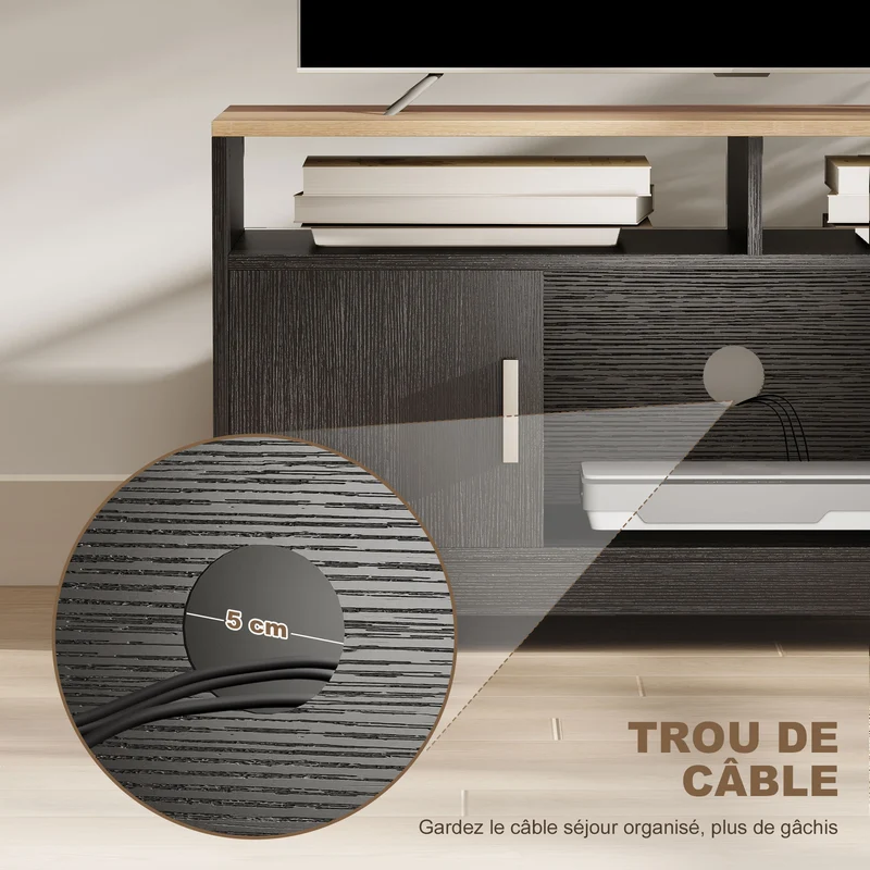 Meuble tv banc tv 105 x 40 x 52 cm grand rangement et passage de câbles moderne épuré en panneau de particules noir 21_0001788