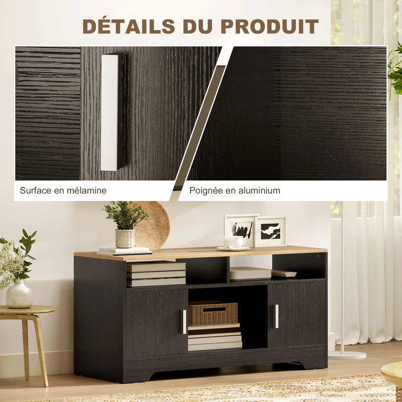 Meuble tv banc tv 105 x 40 x 52 cm grand rangement et passage de câbles moderne épuré en panneau de particules noir 21_0001788