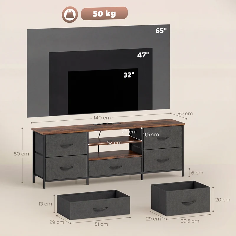 Meuble tv 65 pouces 140 x 30 x 50 cm 5 tiroirs station de charge style industriel épuré en panneau de particules marron 21_0003626