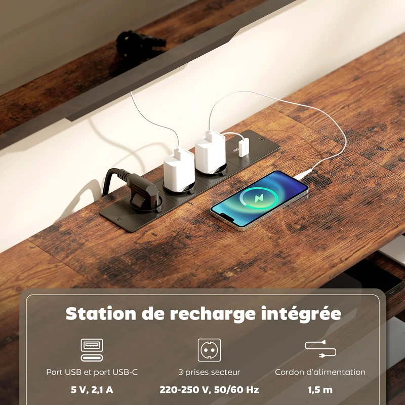 Meuble tv 65 pouces 140 x 30 x 50 cm 5 tiroirs station de charge style industriel épuré en panneau de particules marron 21_0003626
