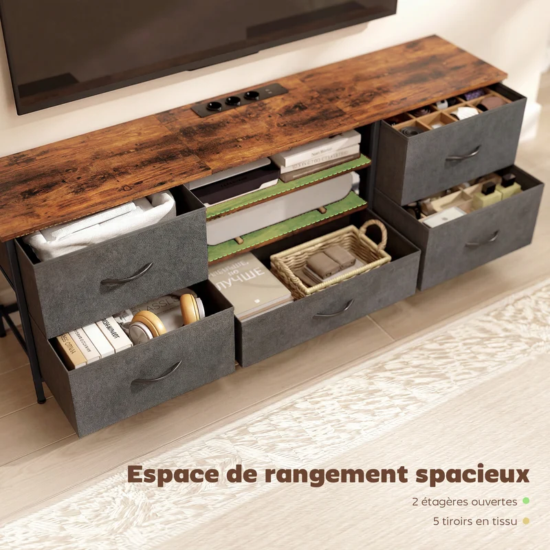 Meuble tv 65 pouces 140 x 30 x 50 cm 5 tiroirs station de charge style industriel épuré en panneau de particules marron 21_0003626