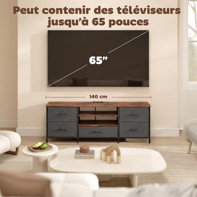 Meuble tv 65 pouces 140 x 30 x 50 cm 5 tiroirs station de charge style industriel épuré en panneau de particules marron 21_0003626