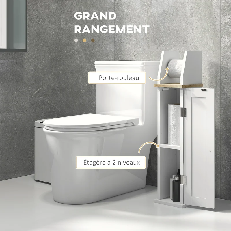Meuble porte papier toilette colonne 18 x 20 x 80 cm gain de place étagère réglable épuré contemporain en MDF blanc 21_0001985