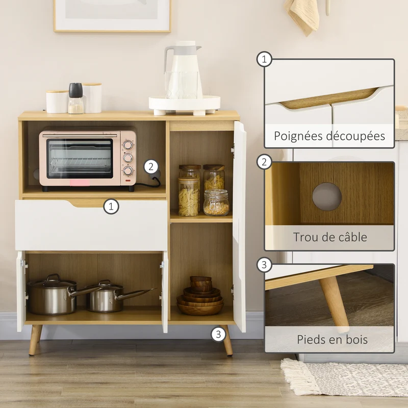 Meuble micro-ondes 90 x 40 x 98,5 cm grand rangement passe câbles minimaliste design en panneau de particules blanc 21_0002343