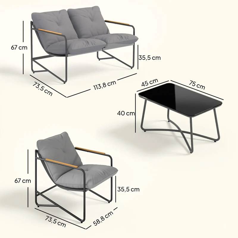 Lot de 4 salon de jardin canapé 2 places 114 x 74 x 67 cm coussins 13 cm assise respirante moderne en métal gris clair 21_0005384