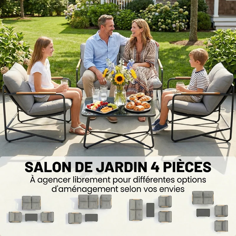 Lot de 4 salon de jardin canapé 2 places 114 x 74 x 67 cm coussins 13 cm assise respirante moderne en métal gris clair 21_0005384