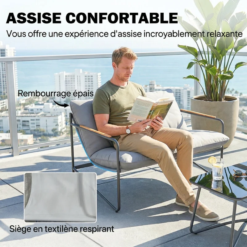 Lot de 4 salon de jardin canapé 2 places 114 x 74 x 67 cm coussins 13 cm assise respirante moderne en métal gris clair 21_0005384